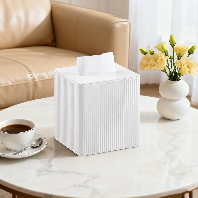 Cretkhp Tissue Box Cover Square with Magnetic Closure, PU Leather Tissue Box Holder for Bathroom NightStands Livingroom, Decorative Modern Square Tissue Holder (Ivory) - Image 2
